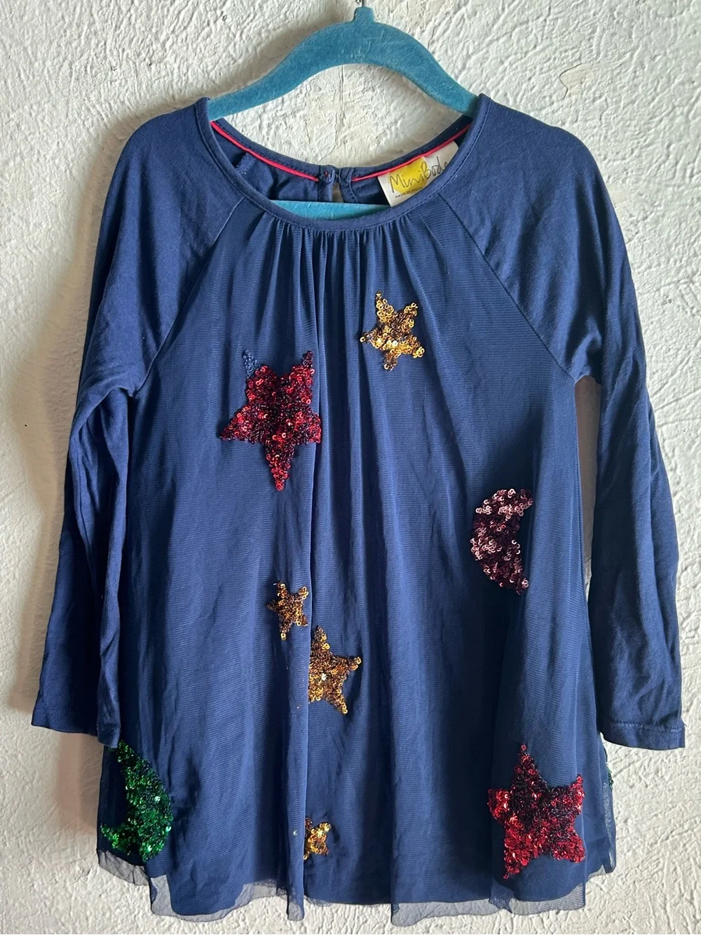 Mini Boden Sequin Star & Moon Mesh Dress Girls Size 3-4Y Celestial Sparkle Blue